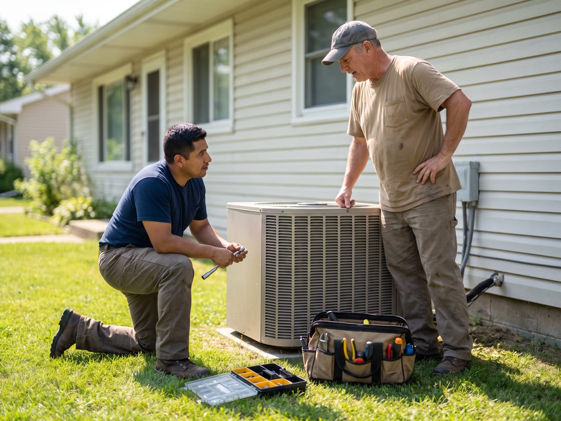 Two maintenance technicians working together on an outdoor air-conditioning unit beside a house