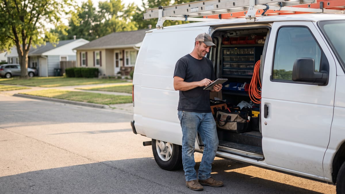 A home maintenance business owner checking his tablet at the open door of his work van at the end of the day