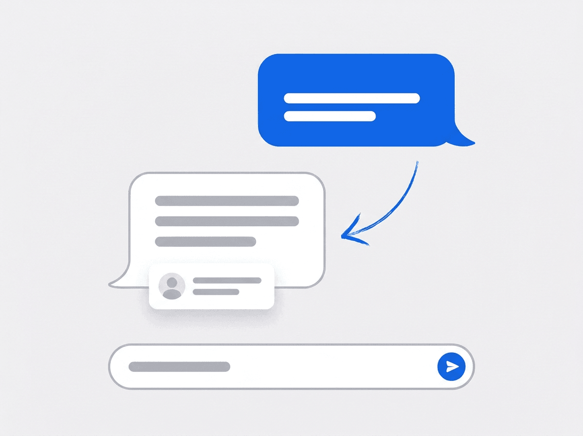 Illustrated chat conversation with a question bubble and a reply containing a customer result card