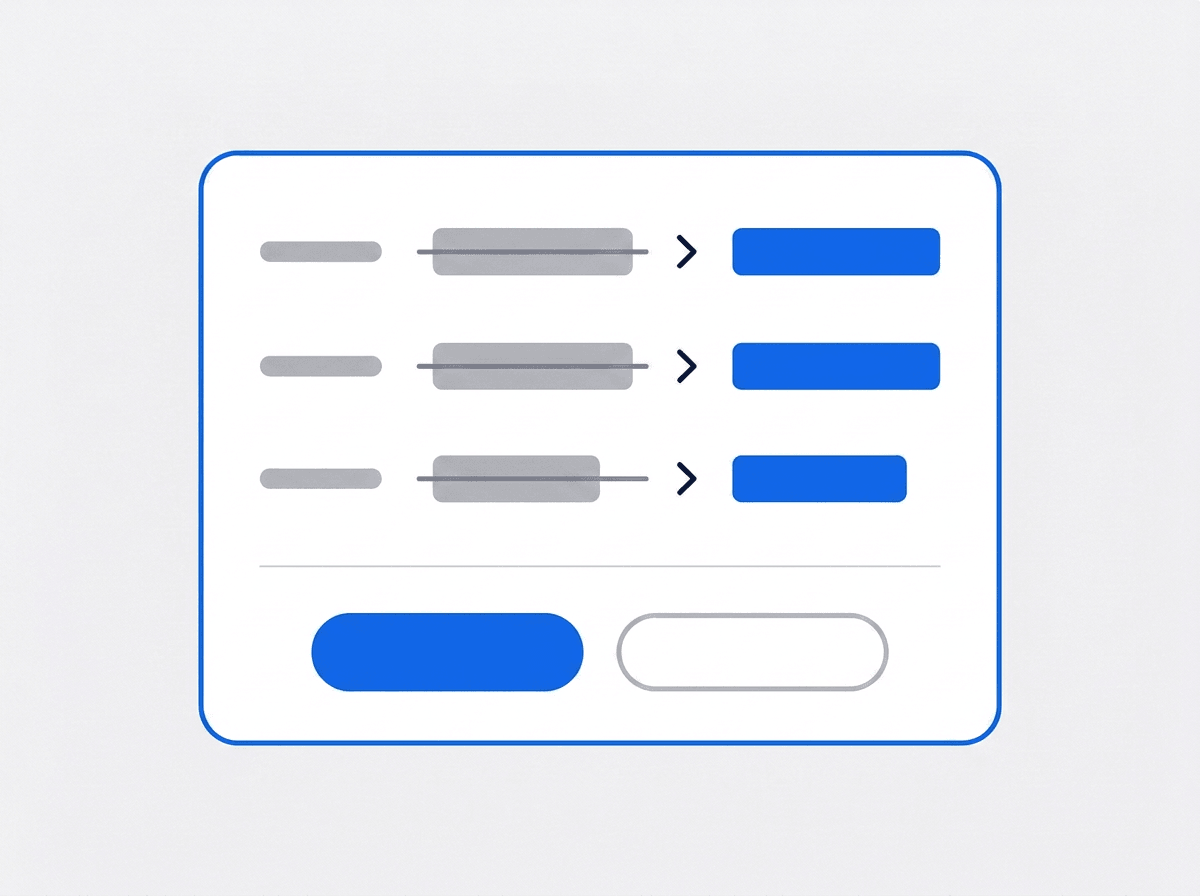Illustrated confirmation card showing old values struck through beside new values, with approve and cancel buttons
