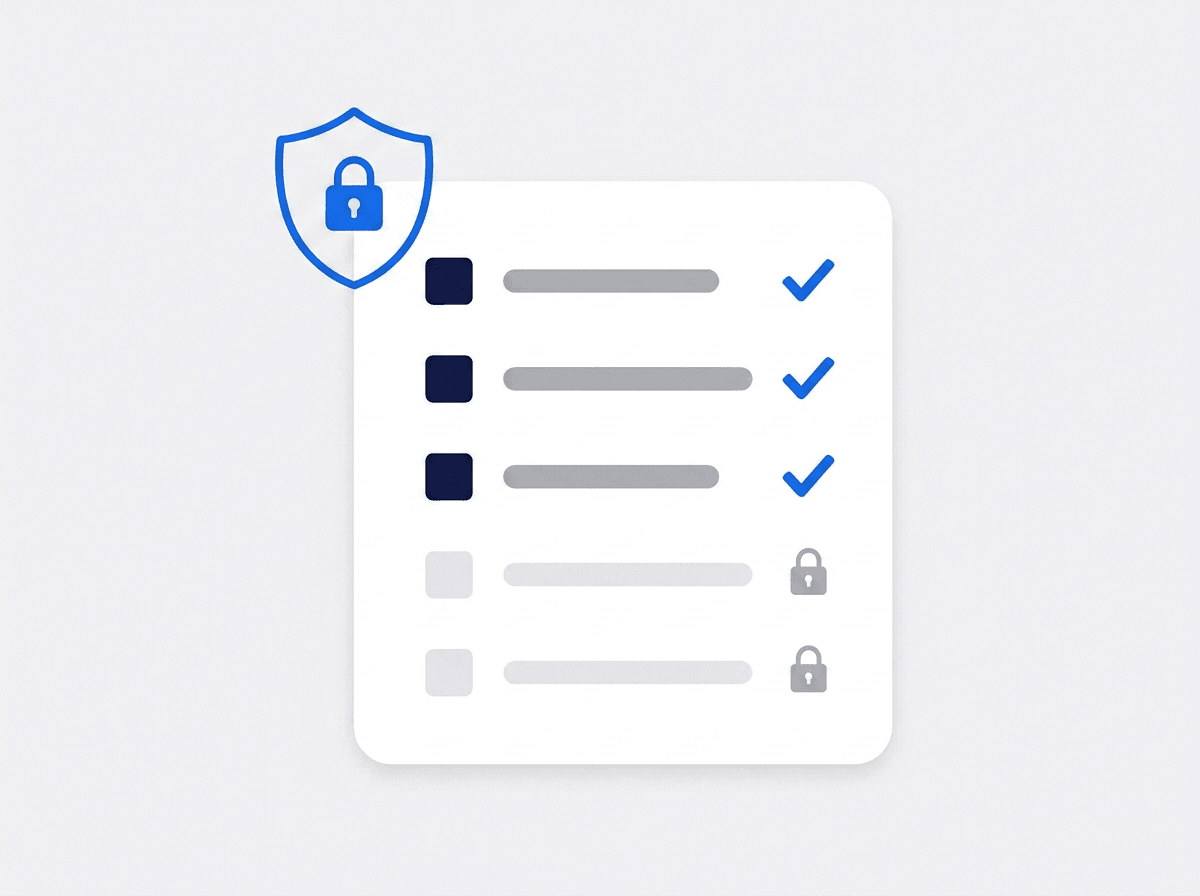 Illustrated capability list with allowed rows checked and restricted rows locked behind a shield