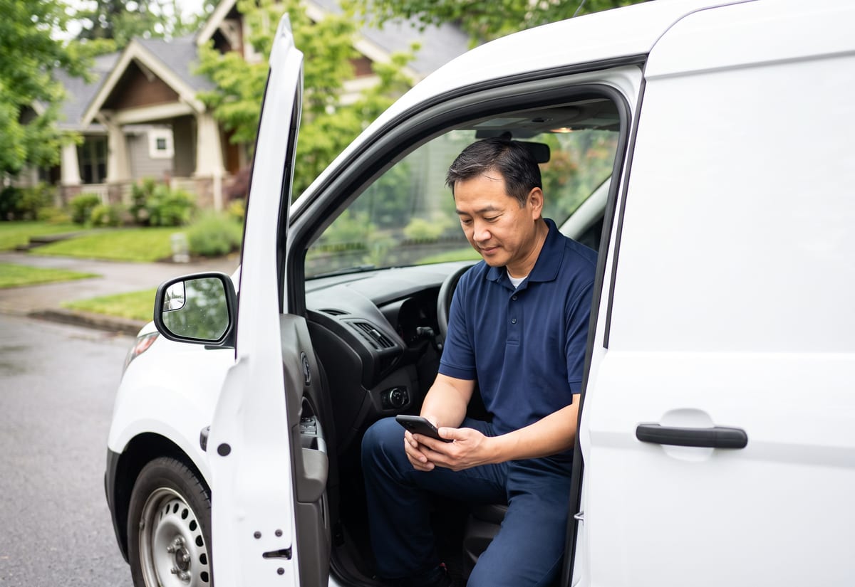 Appliance repair technician in the driver seat of a small van looking down at his phone