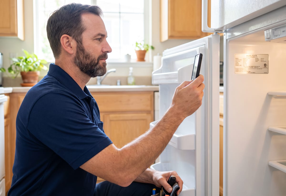 Appliance technician photographing the model plate inside a refrigerator door with his phone