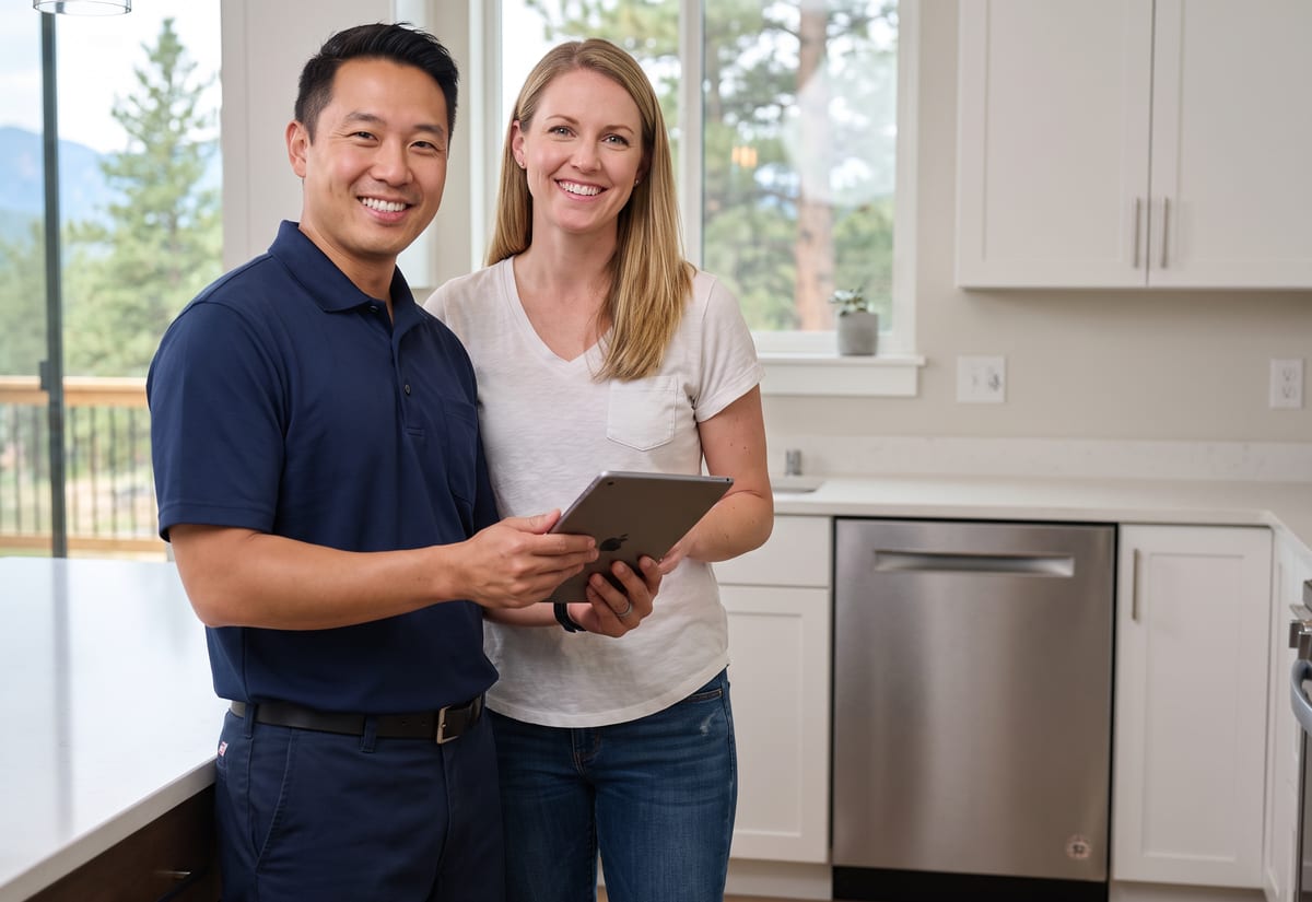 Appliance technician in a bright kitchen with a homeowner, a tablet between them and a repaired dishwasher behind