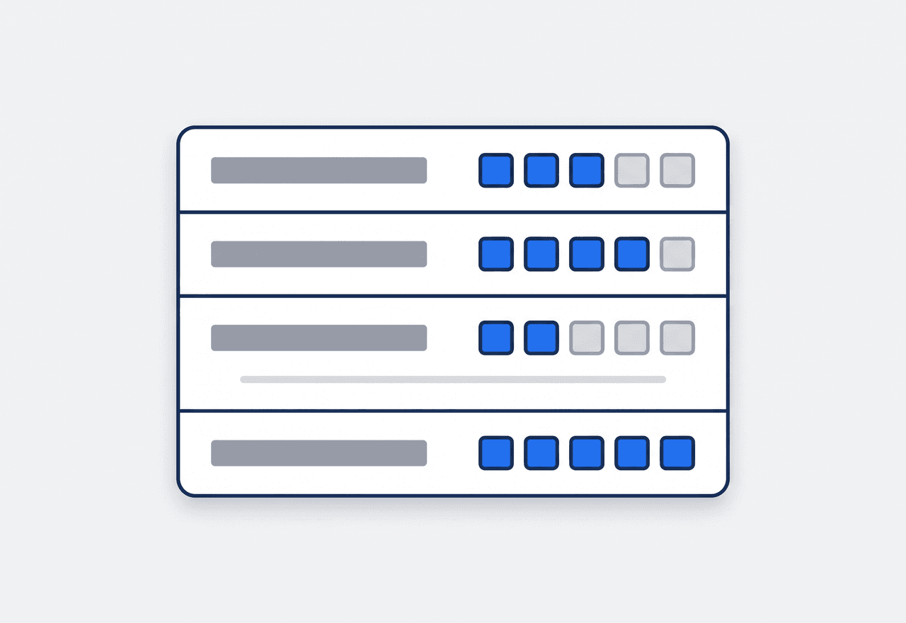 Illustrated scored checklist with four rows of five score boxes partly filled in and a note line under one row