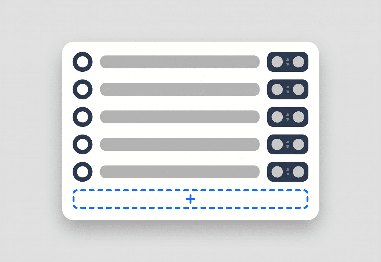 Illustrated checklist template with numbered rows, a score toggle on each row, and a dashed add-row button below