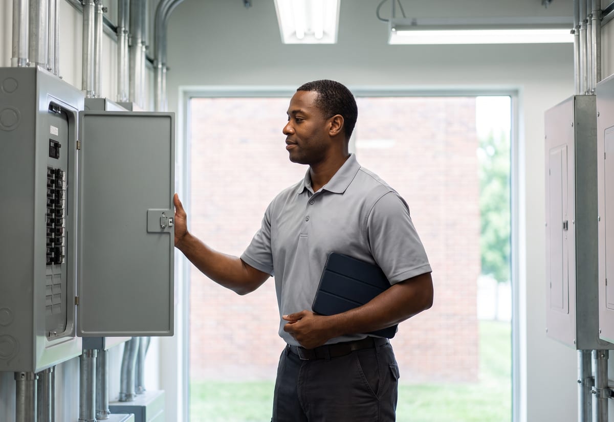 Technician checking a bright electrical room, one hand on an open panel door and a tablet under his arm