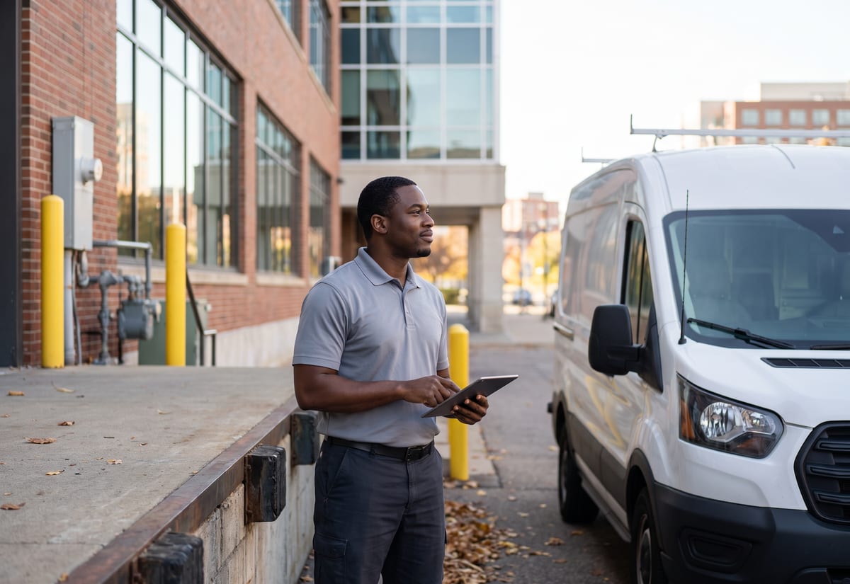 Maintenance technician at a loading dock beside a white van holding a tablet, mid-rise commercial building behind