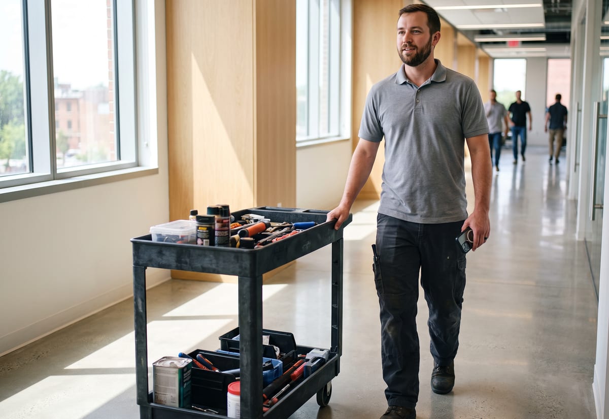 Technician pushing a compact tool cart down a bright office corridor with a phone in hand