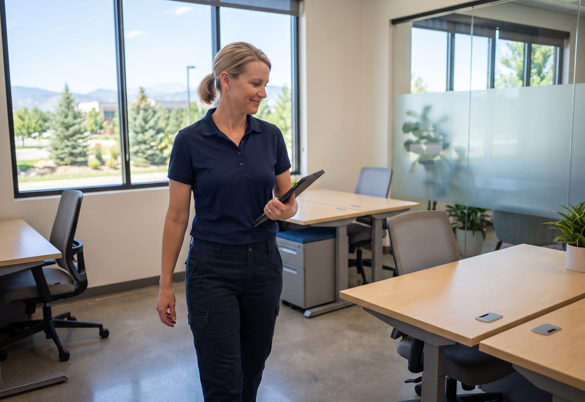 Business owner walking through a freshly cleaned small office holding a tablet