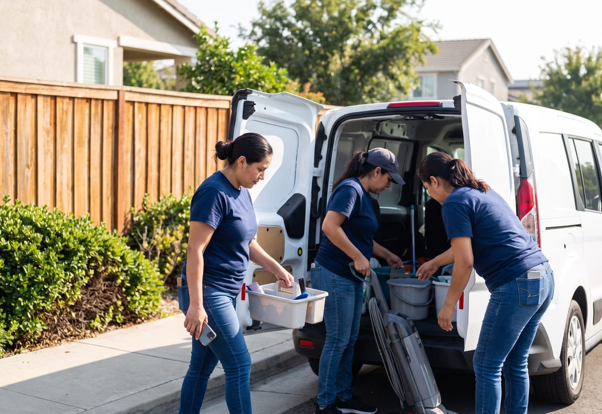 Three cleaners unloading caddies and a vacuum from a small van on a suburban street in the morning
