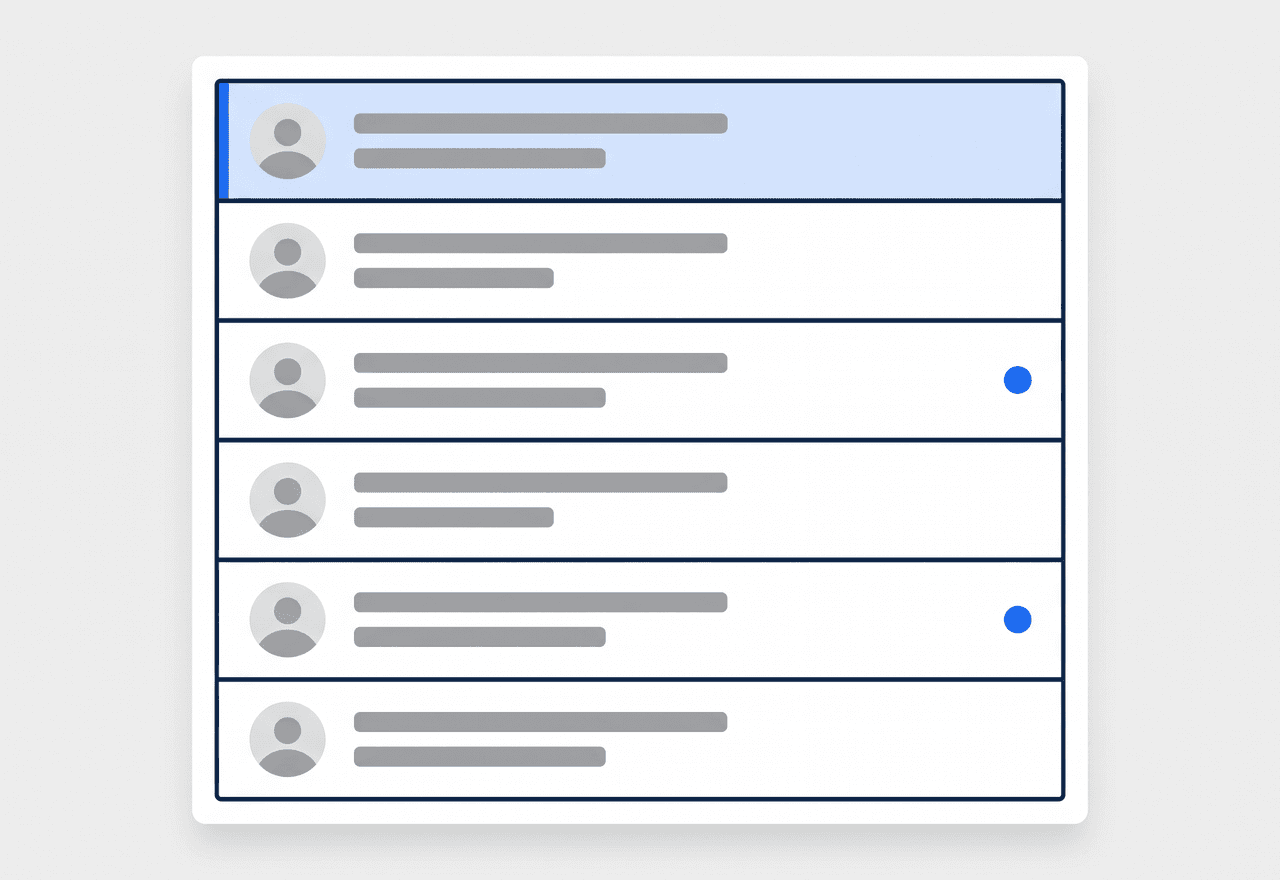 Illustrated message inbox list with unread badges and mention indicators