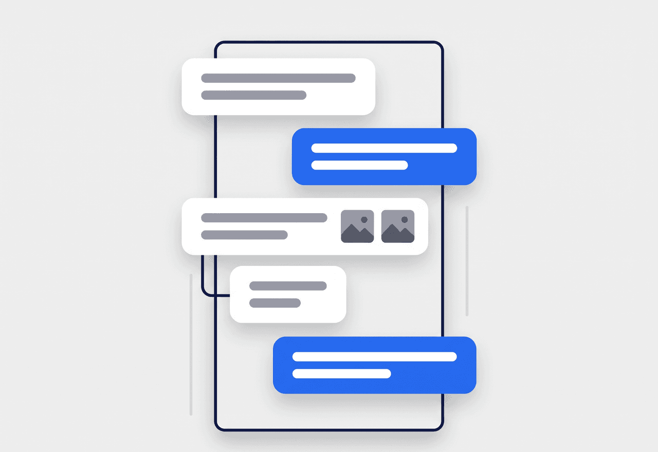 Illustrated conversation thread attached to a job record with replies and photos