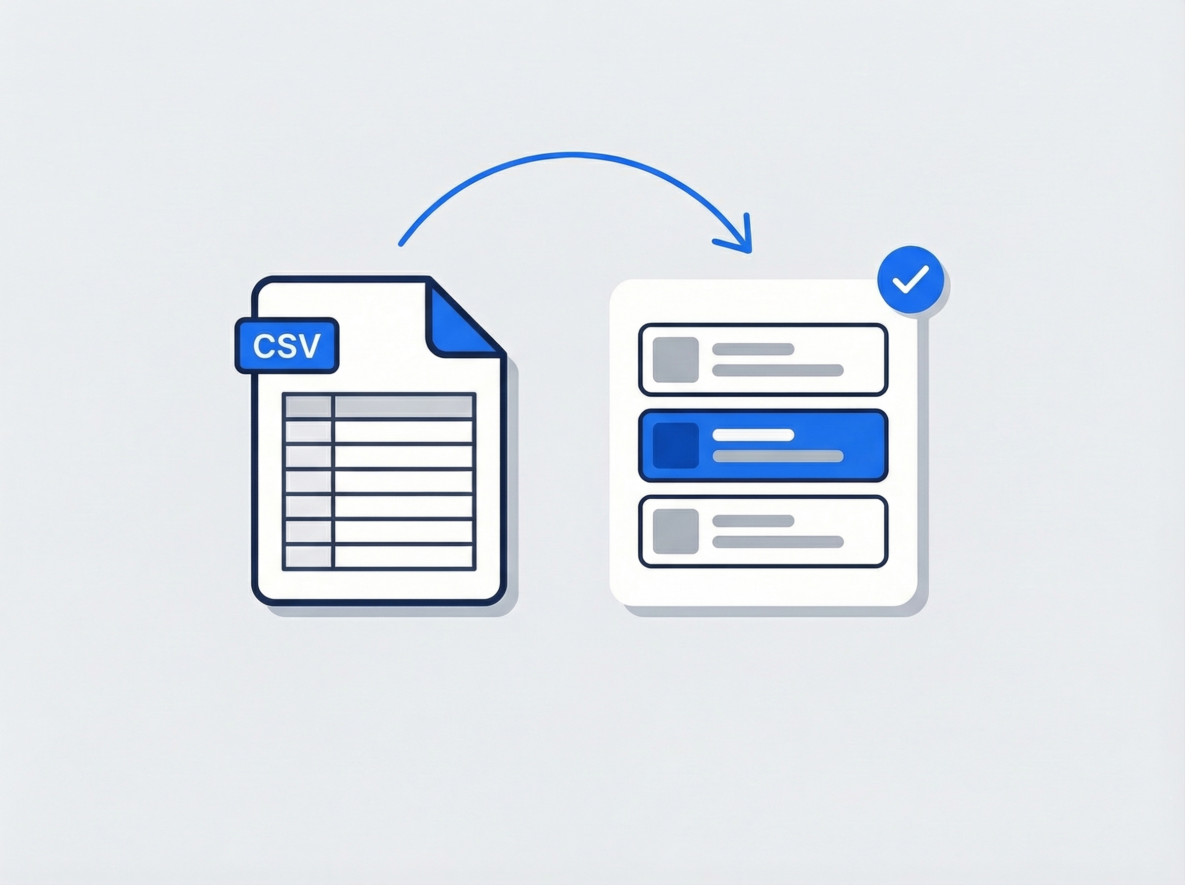 Illustrated CSV file import flow with arrow pointing to customer list and checkmark validation badge