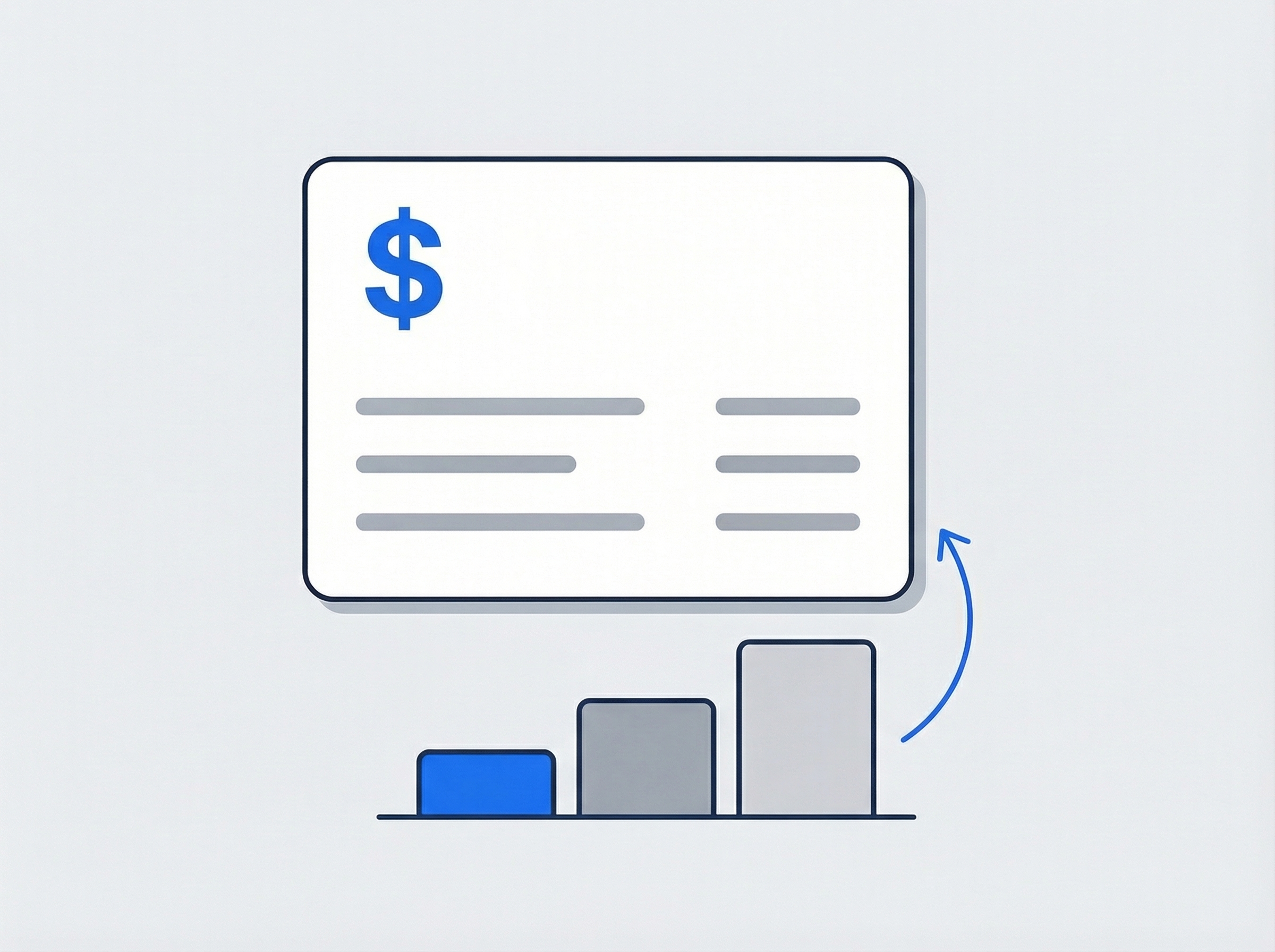 Illustrated invoice card marked with a dollar sign above a small rising bar chart