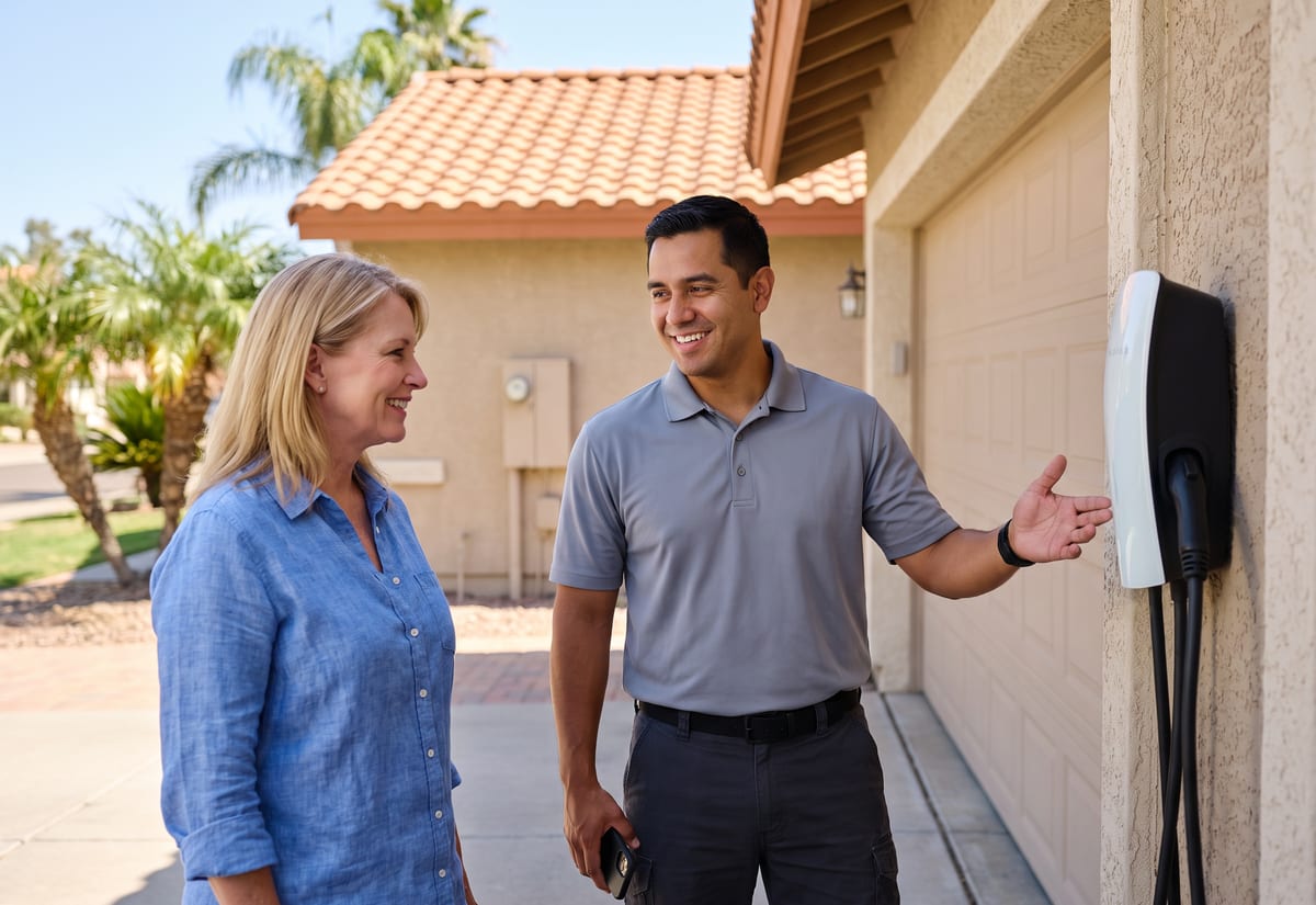 Electrician talking with a homeowner in a driveway beside a newly installed EV charger