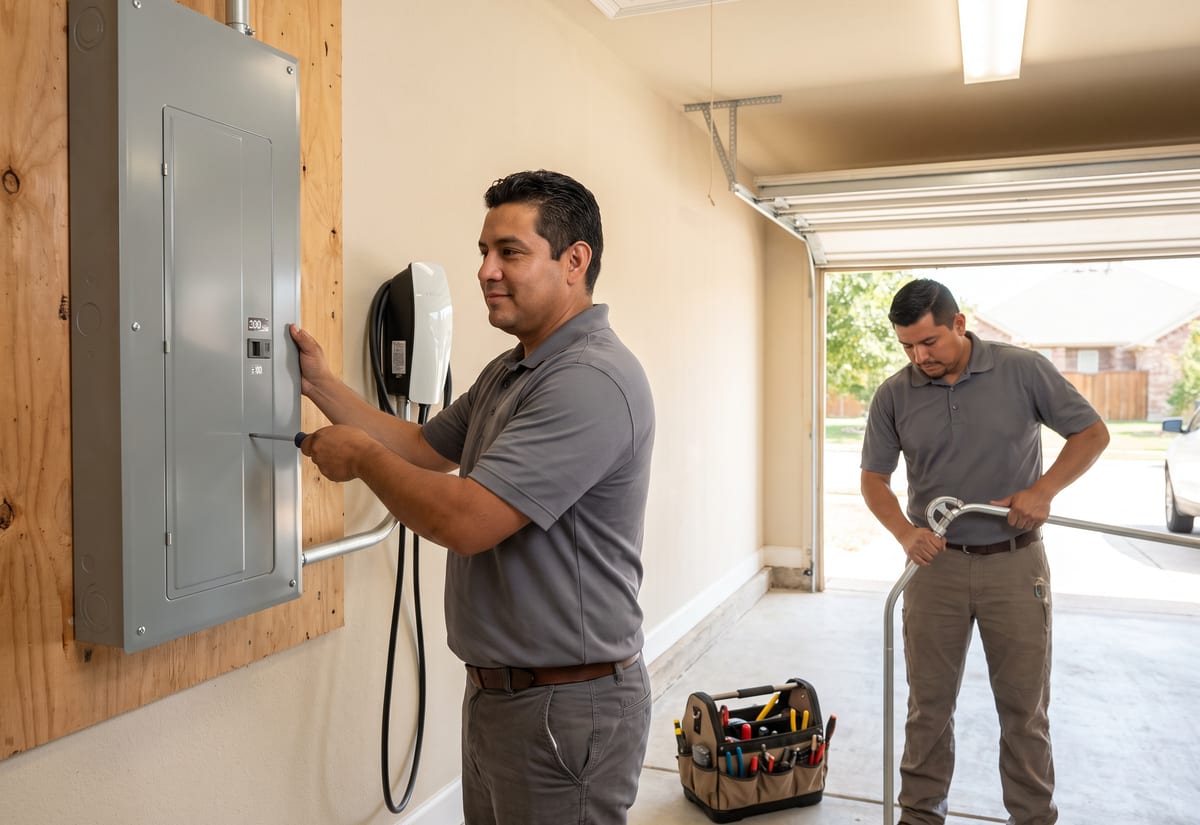 Two electricians installing a new 200-amp panel in a bright garage with an EV charger on the wall