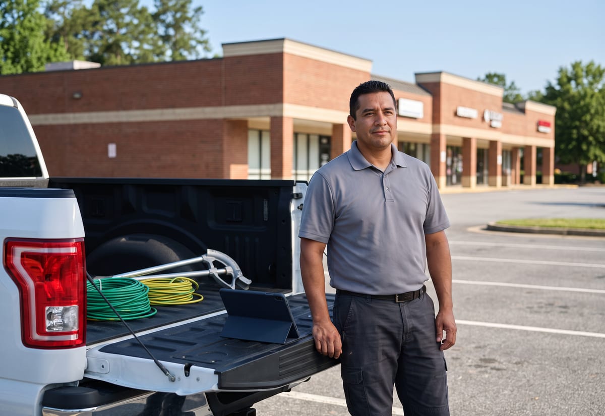 Electrician at the tailgate of a pickup checking a tablet, with a small commercial building behind