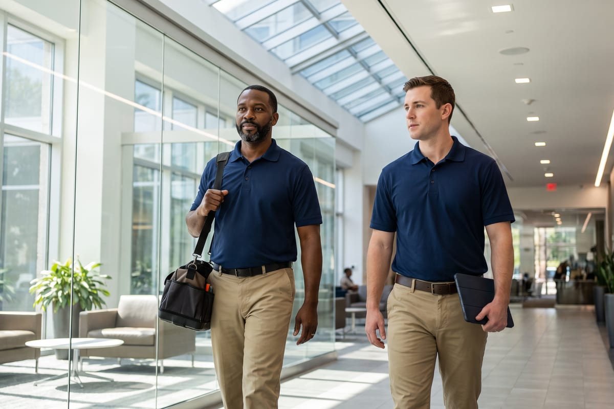 Two facility maintenance technicians in navy polos walking a bright office-building corridor, one carrying a tool bag and one holding a tablet