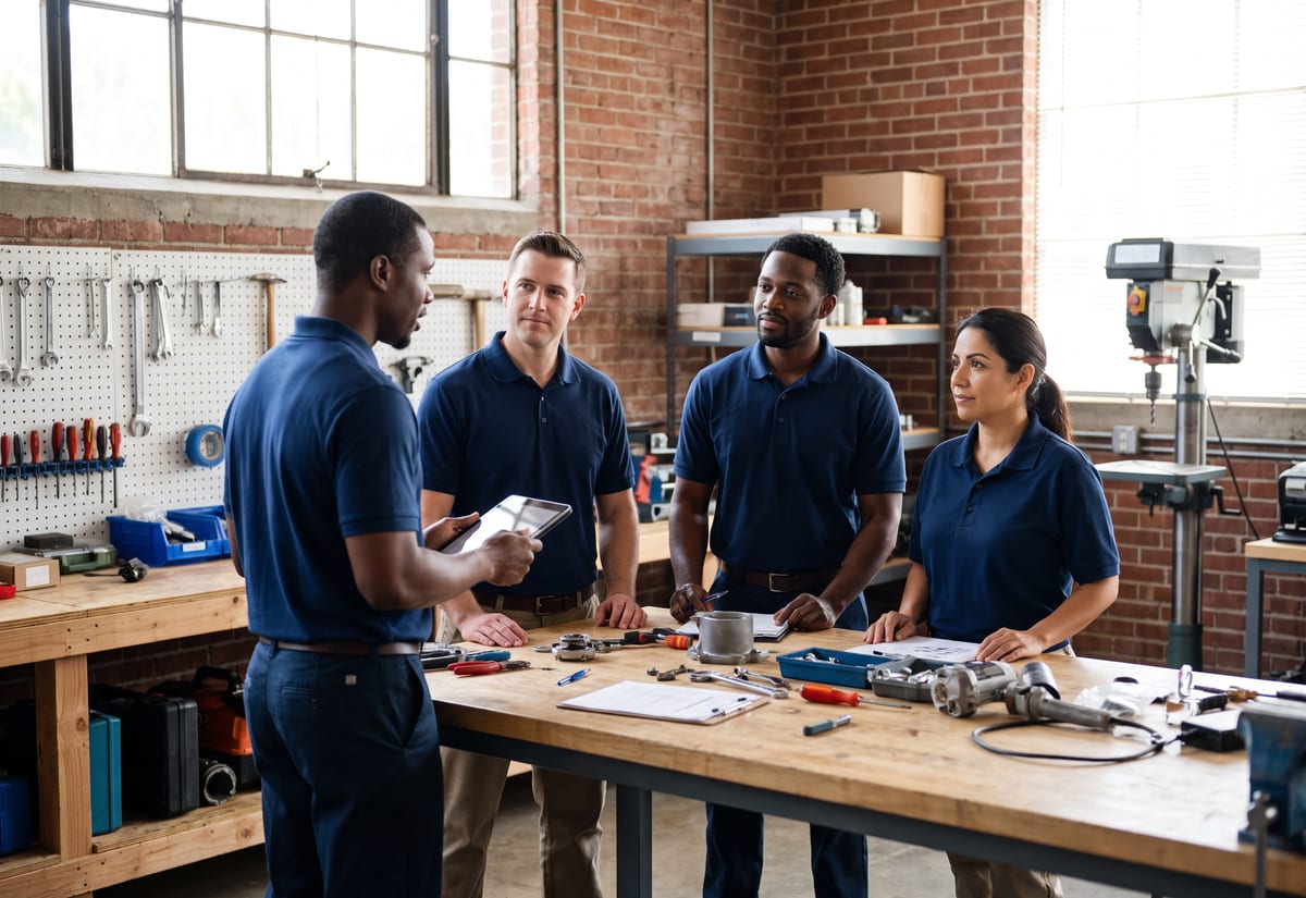Team of four facility technicians in navy polos gathered at a workbench for a morning briefing