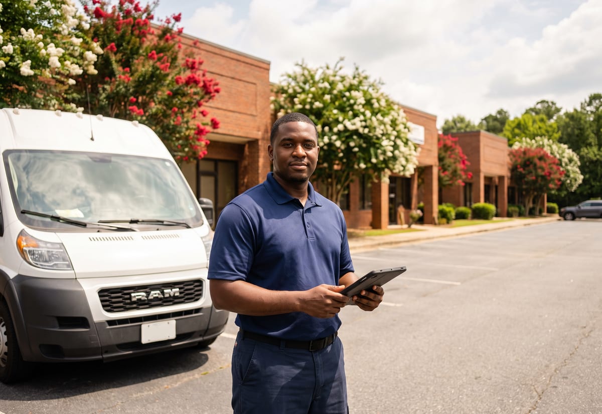 Facility technician standing beside a white van outside a small office park, tablet in hand