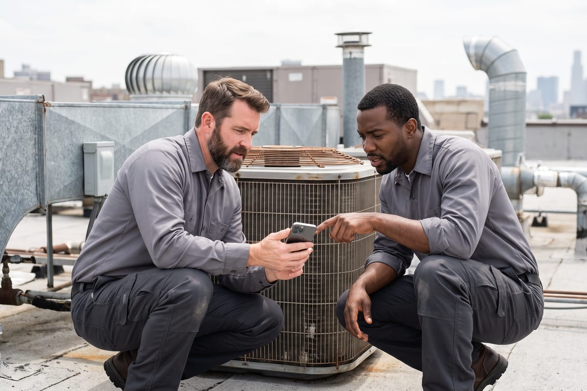 Two field service technicians checking a message thread on a phone at a job site