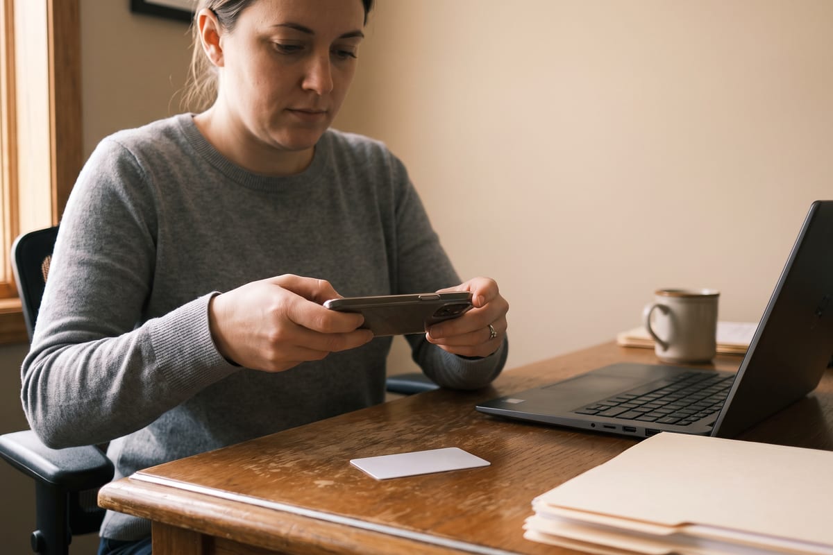Field service office manager photographing a new hire identity document with a phone