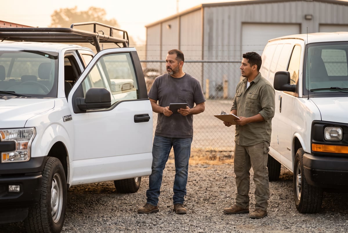 Field service manager checking vehicle records on a tablet beside work trucks in a contractor yard