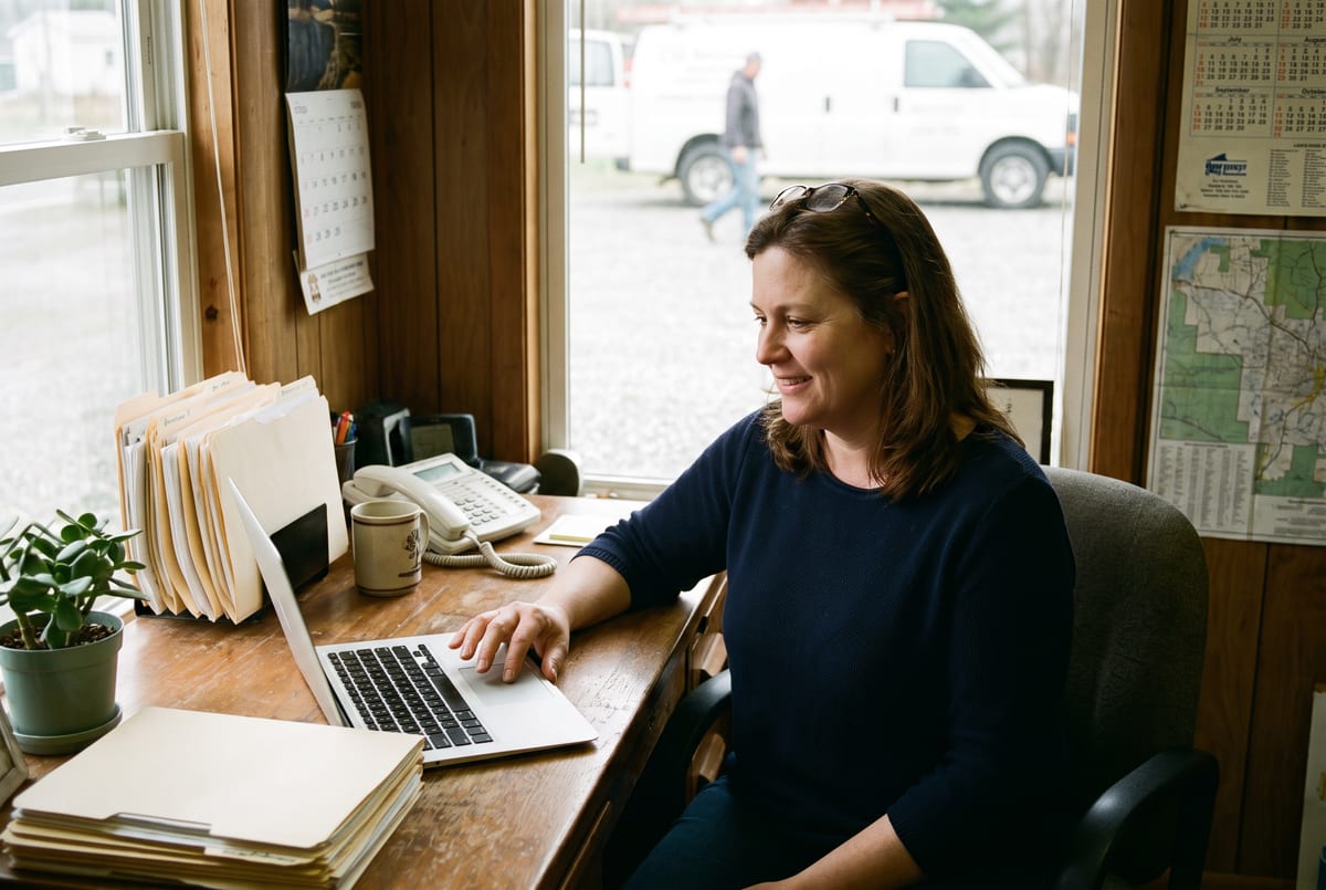 Office manager at a small contracting company reviewing employee records on a laptop