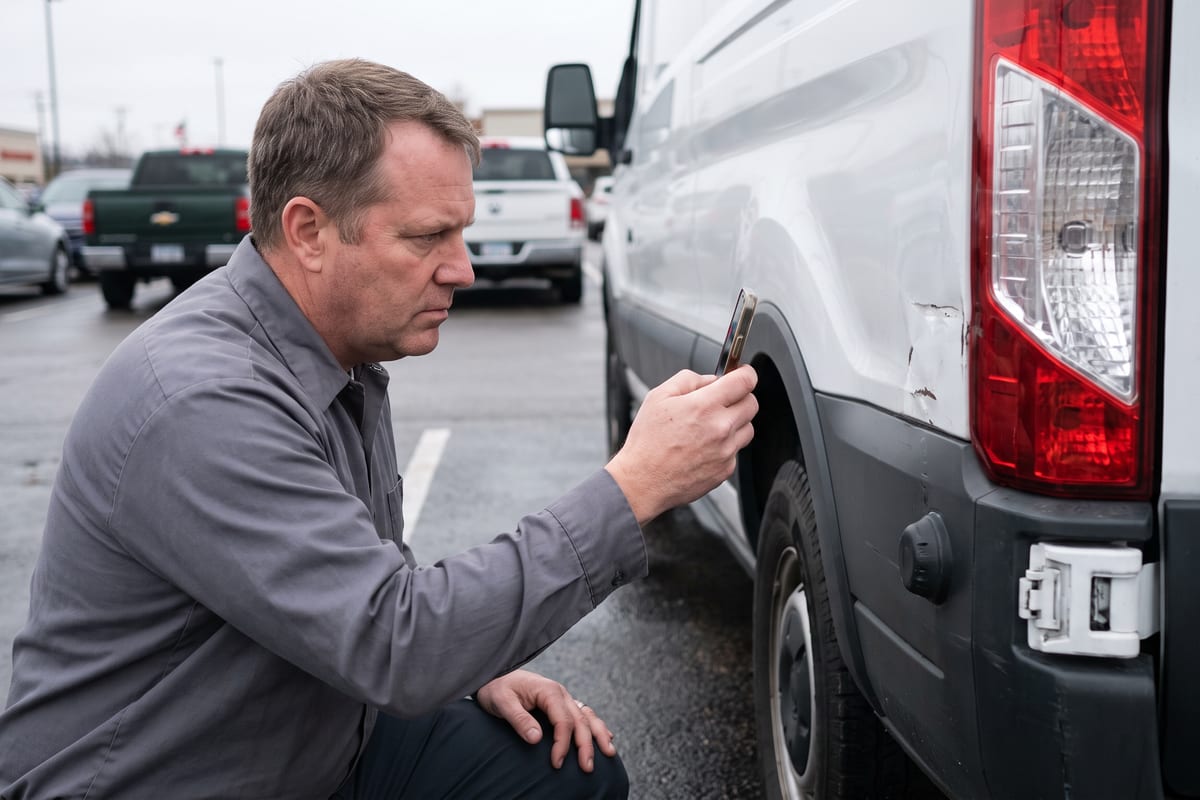 Field service supervisor photographing damaged equipment to log an incident on a phone