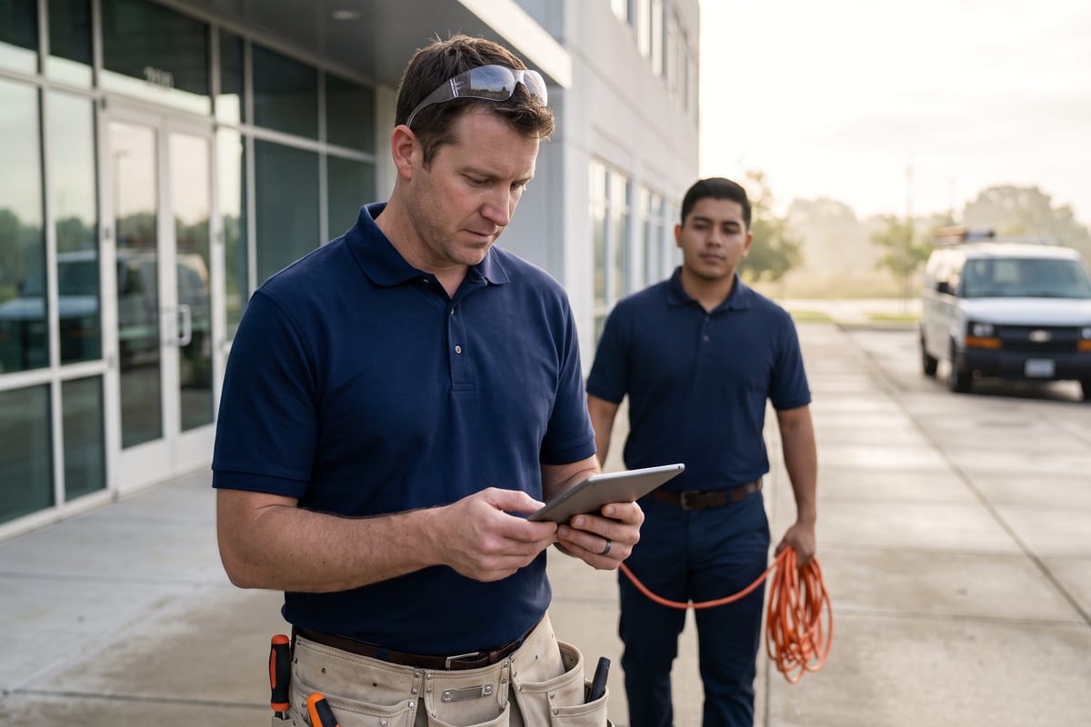 Field service technician checking job site access paperwork on a tablet at a building entrance