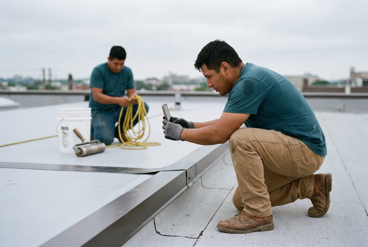 Roofing technician photographing completed work on a commercial rooftop with a phone