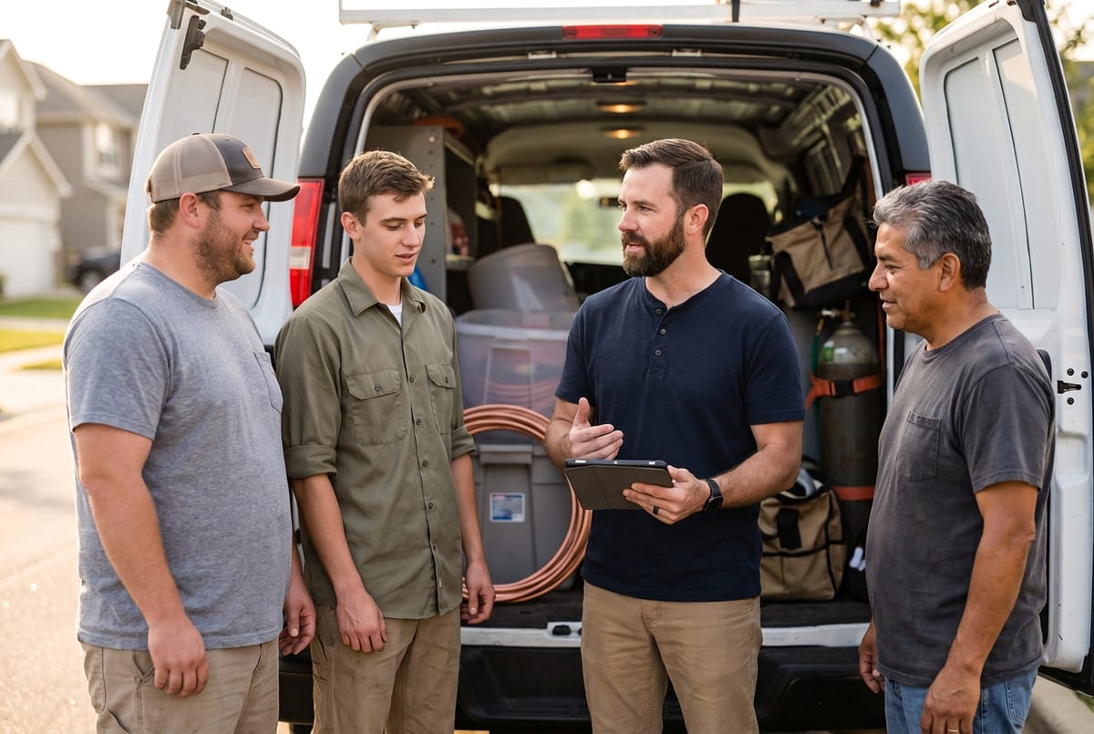 Field service crew reviewing the day's team roster on a tablet at their work van