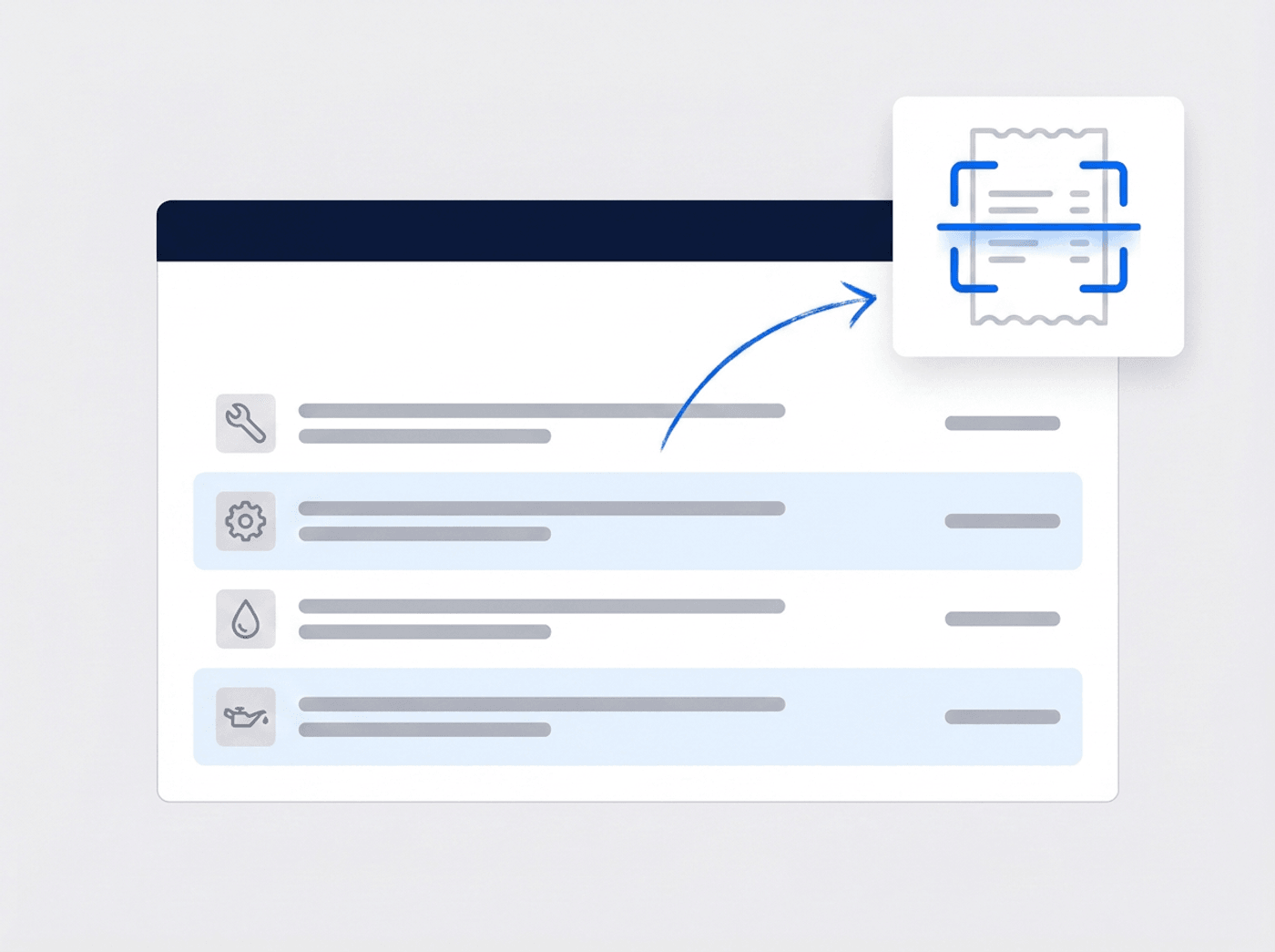Illustrated maintenance record with itemized service lines and a scanned invoice