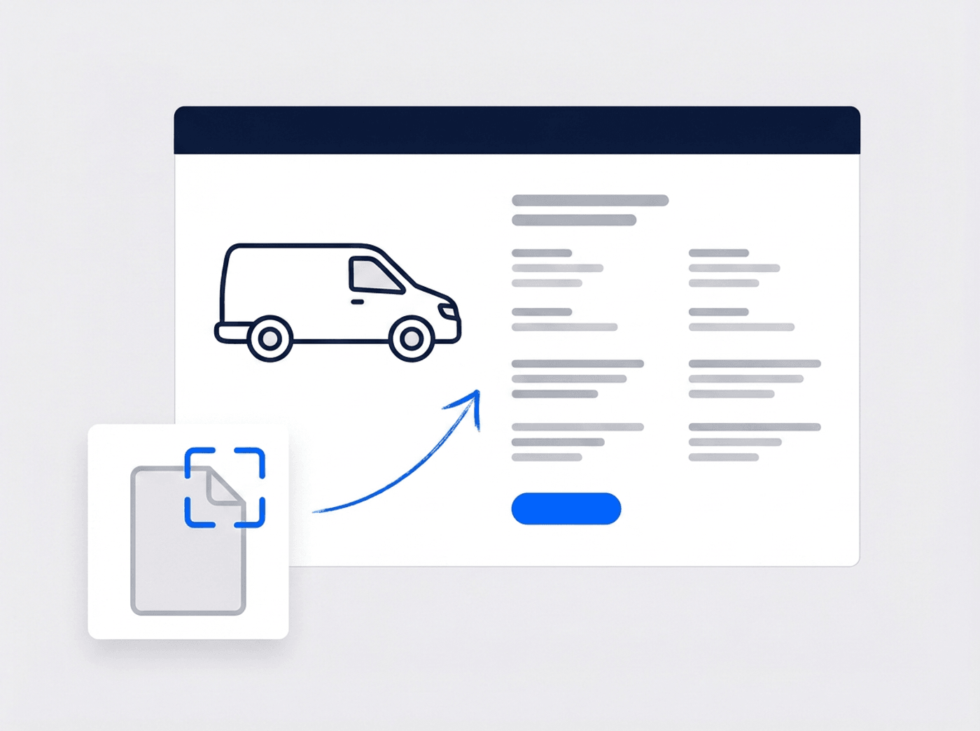 Illustrated vehicle record card with detail fields and a scanned document feeding into it
