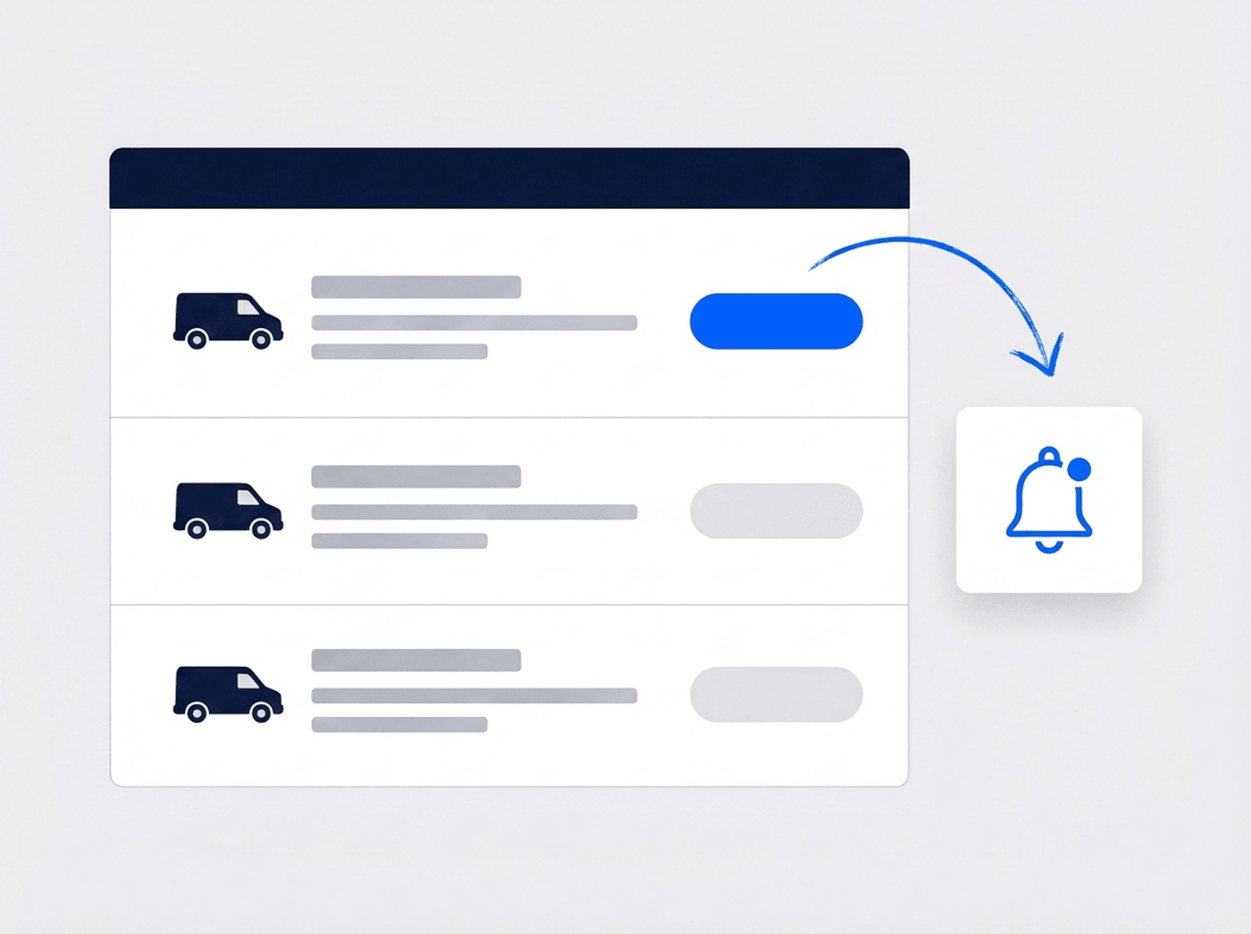 Illustrated fleet list of three vans with status pills and an arrow pointing to a reminder bell notification