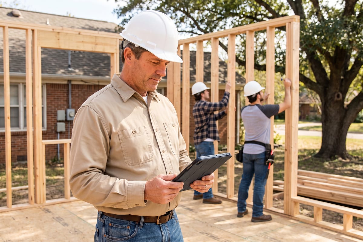 General contractor in a hard hat holding a tablet on a framed residential addition, with two carpenters framing a wall behind him