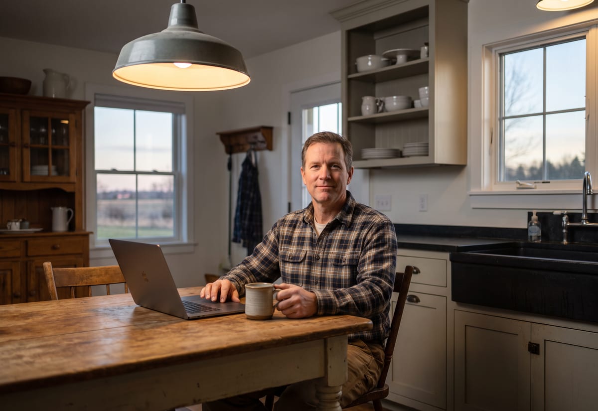General contractor at his kitchen-table home office in the evening with a laptop