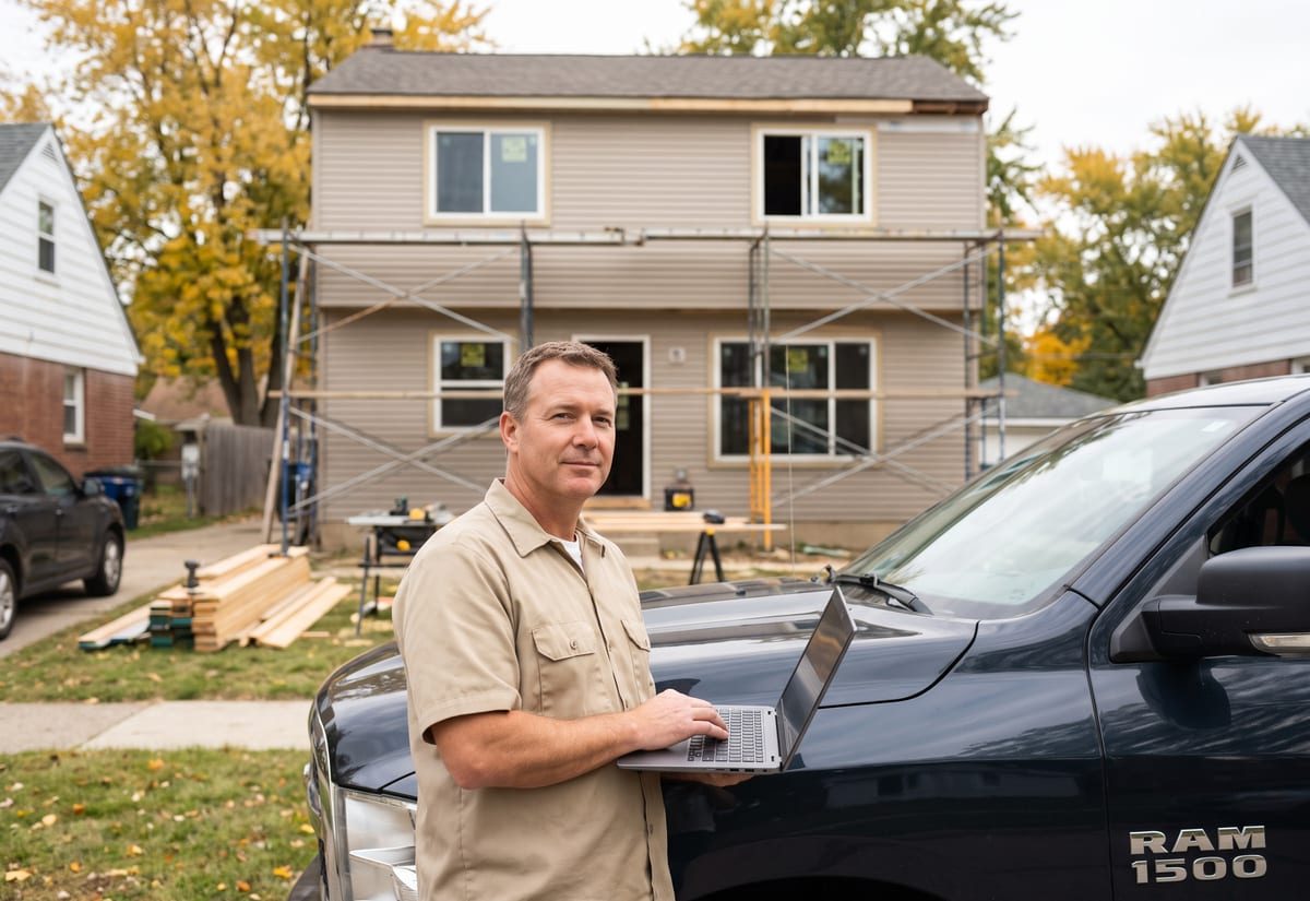 General contractor with a laptop open on the hood of a pickup, two-story house mid-renovation behind him