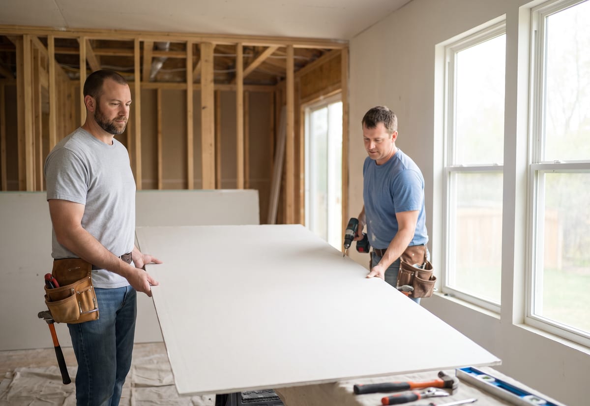 Two carpenters hanging drywall in a bright new room addition