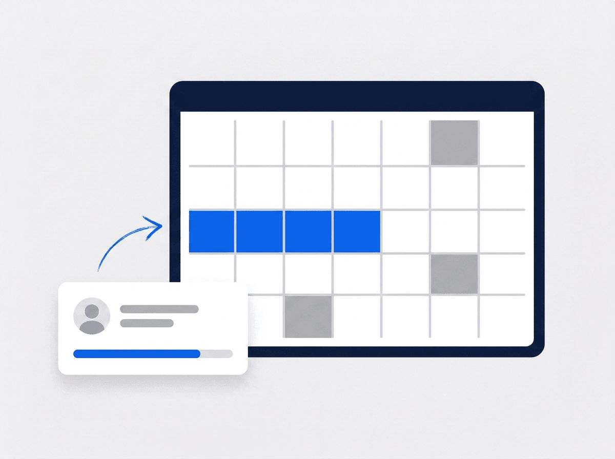 Illustrated leave calendar with approved days highlighted and a balance card beside it