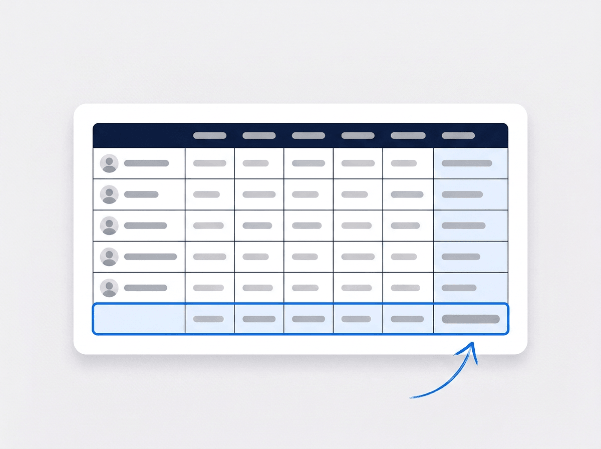 Illustrated payroll grid with a row per employee, pay columns, and a highlighted totals row and column