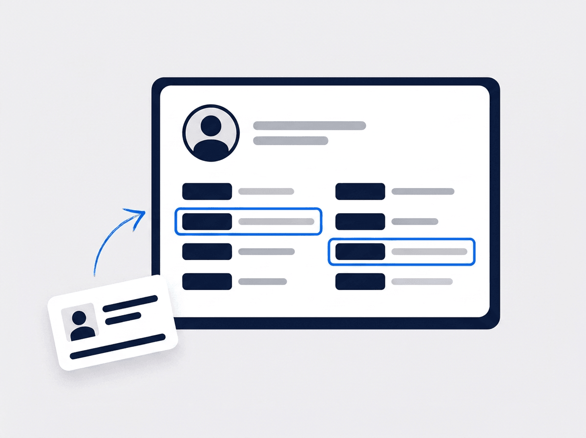 Illustrated employee record card with detail fields and a scanned ID document feeding into it