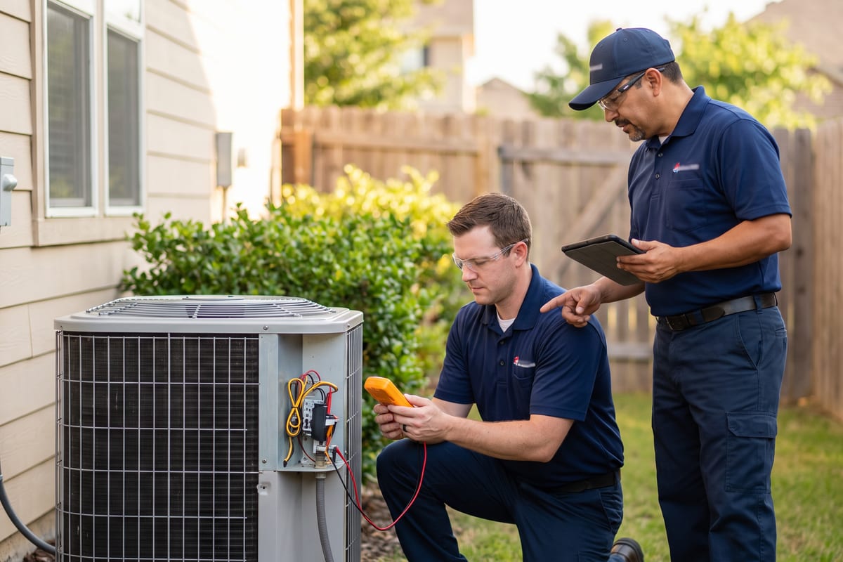 Two HVAC technicians servicing an outdoor condenser unit at a home