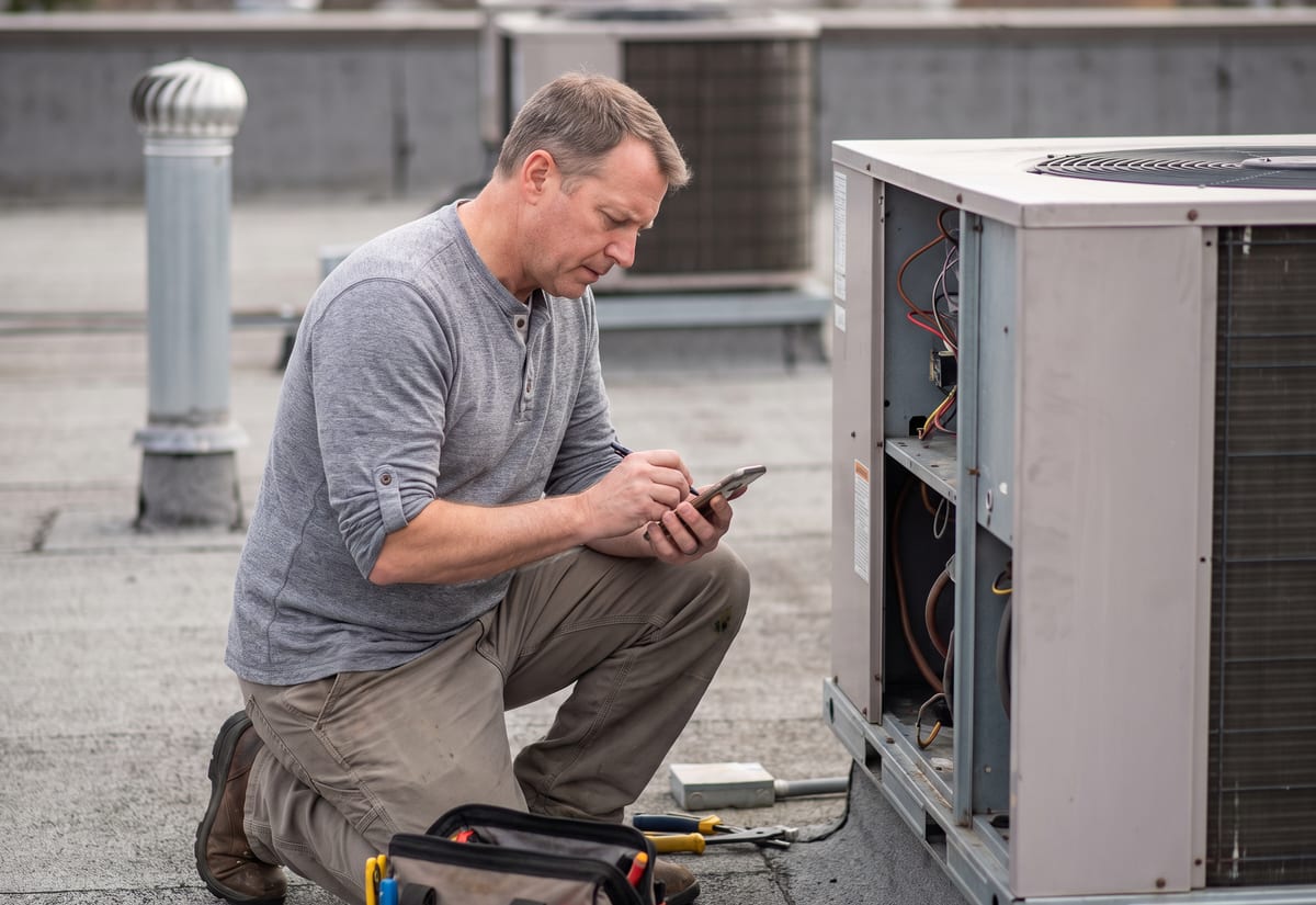 HVAC technician making notes beside an open rooftop packaged unit