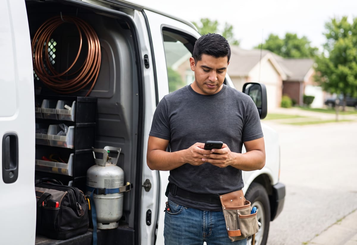 HVAC technician checking his phone at the open side door of a service van