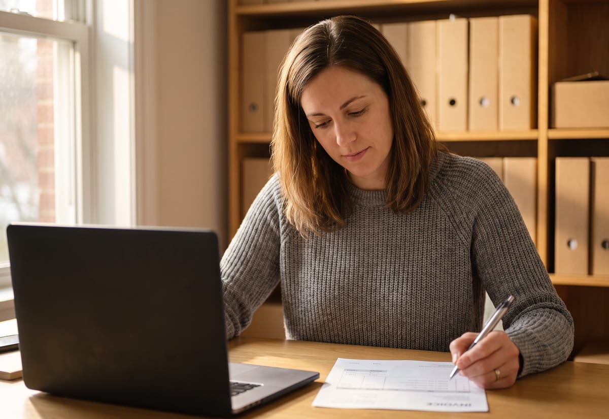 HVAC business owner reviewing an invoice at an office desk beside a laptop