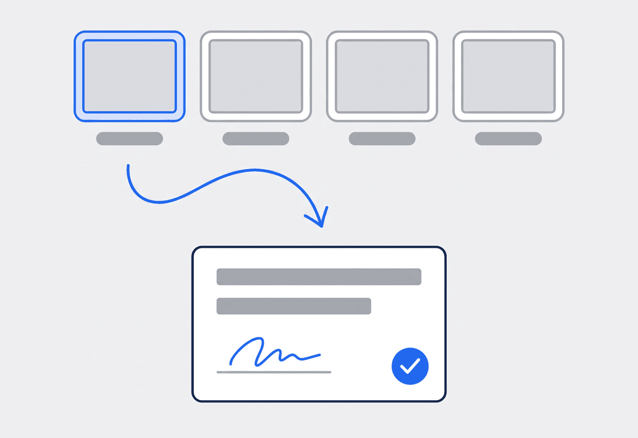 Illustrated row of photo thumbnails with the first selected, an arrow leading to a signed certificate card with a check mark