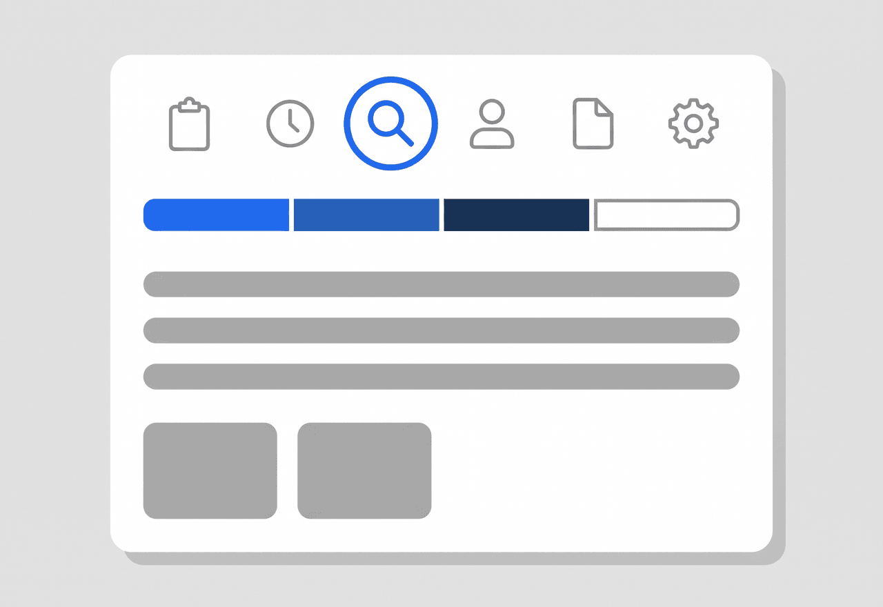 Illustrated incident form with a row of icons, a segmented status bar, text lines, and two attachment tiles