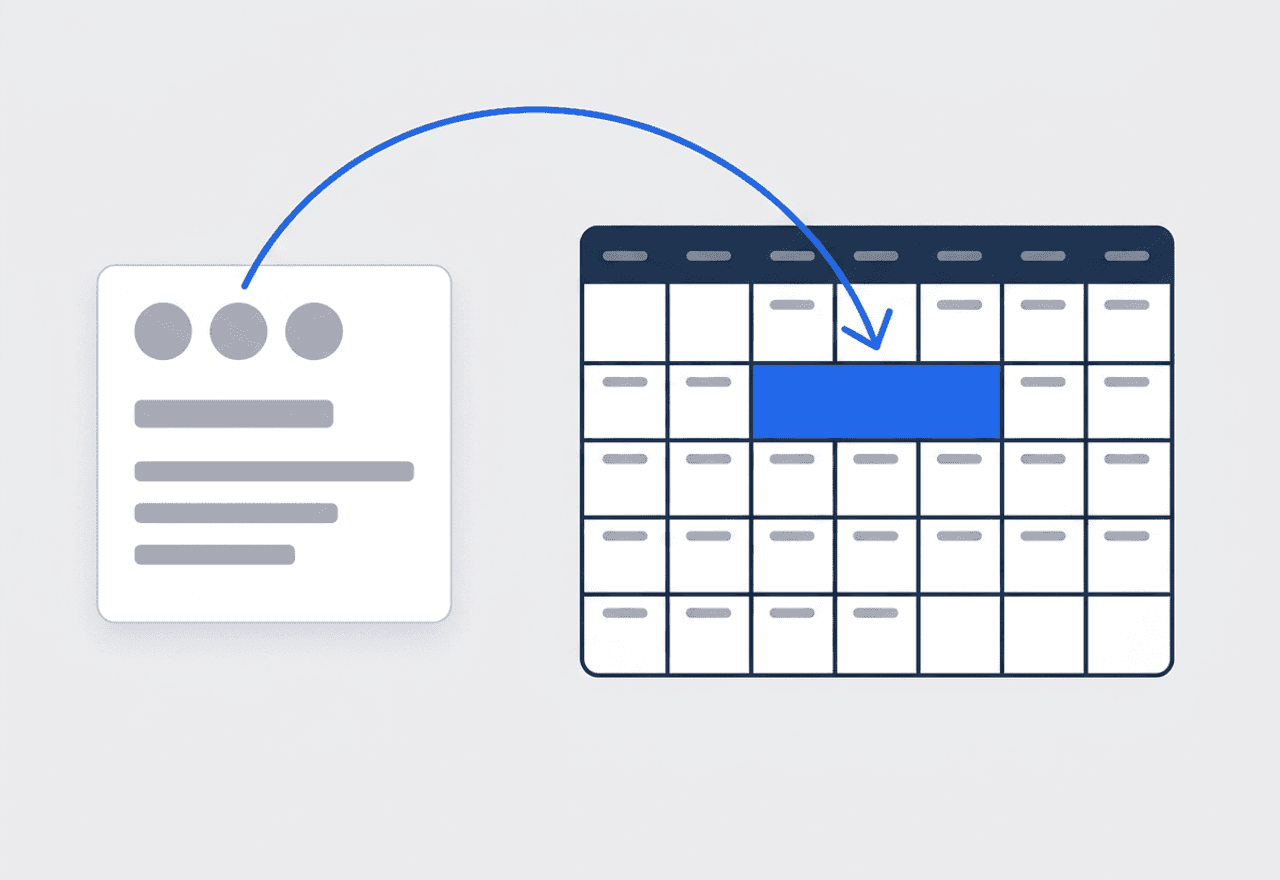 Illustrated job card with an arrow to a month calendar where one job spans three consecutive days